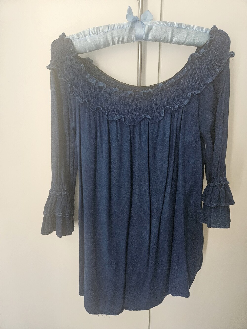 Style Envy Navy Blue Off-Shoulder Ruffle Tunic